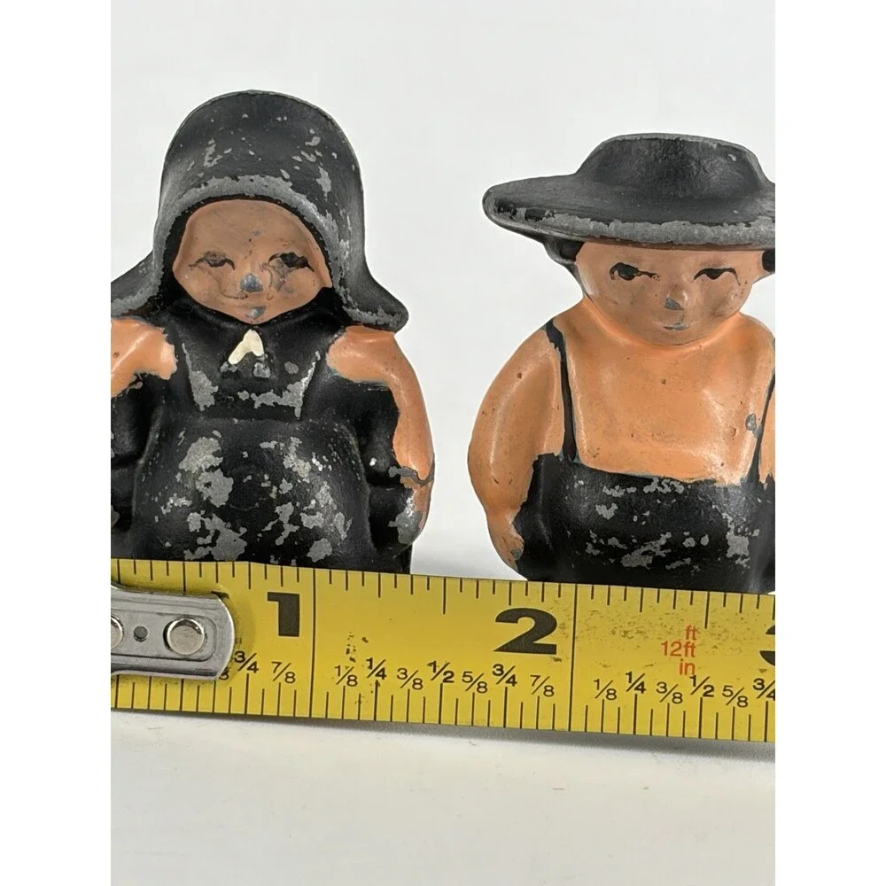 Vintage Cast Iron Salt & Pepper Shakers Amish Couple Man & Woman Peach Black